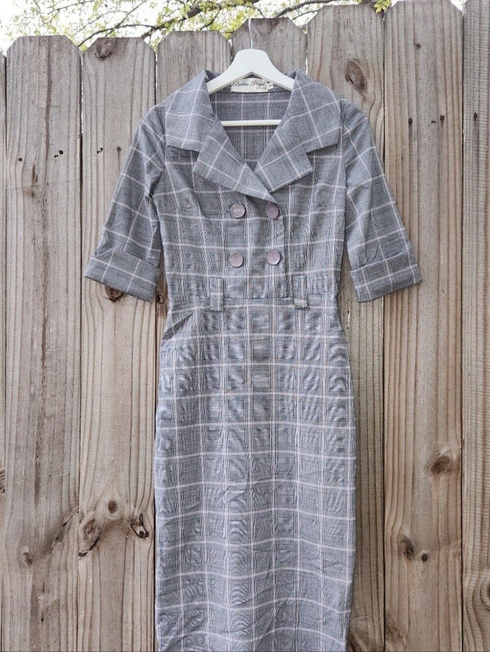 Bettie Page Vintage Style Gray Plaid Double-Breasted Pencil Dress